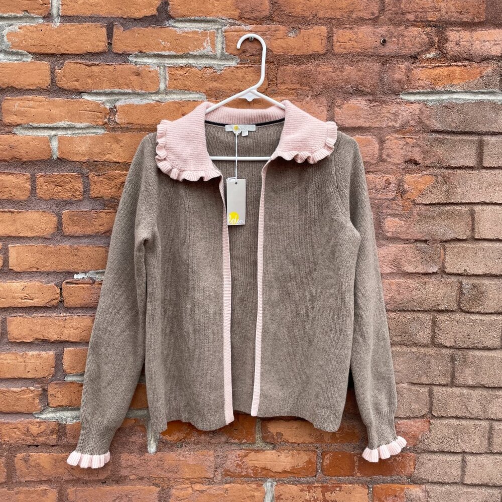 [SOLD on eBay] Boden Wool Blend Knit Pink Ruffle Collar Brown Cardigan Sweater